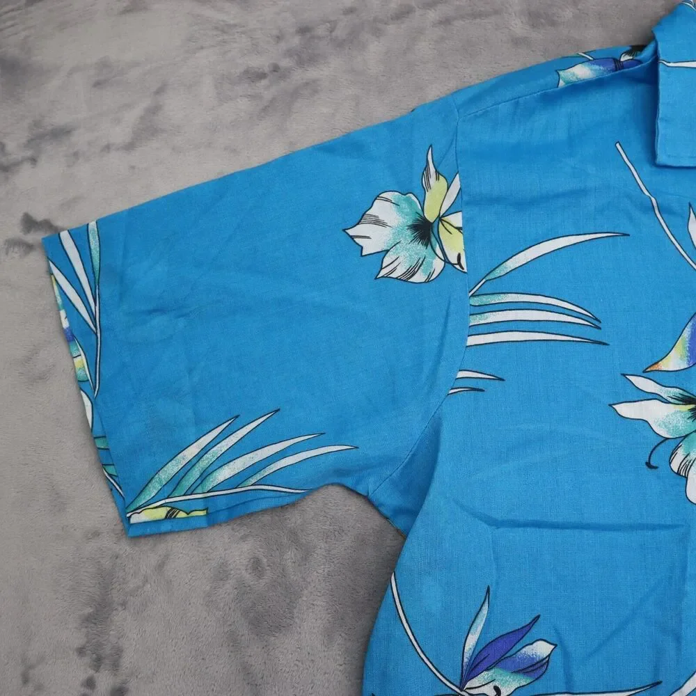 Shore Things Shirt Mens L Blue Floral Hawaiian Button Up Short Sleeve Casual